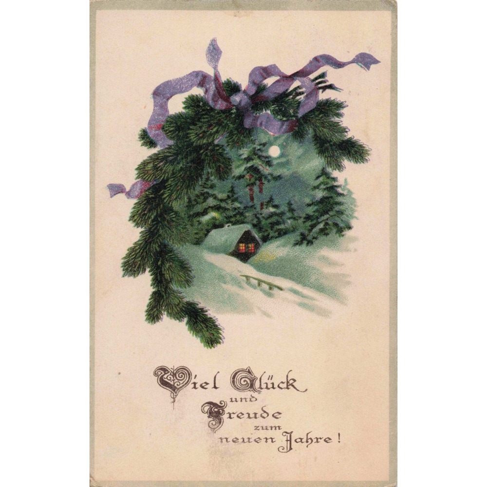Antique 1911 New Year Postcard Viel Gluck Winter Landscape Switzerland RPPC - Picture 1 of 2